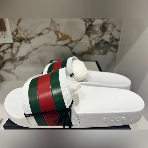 Gucci White Pursuit Web Accent Red Green Slides New - Picture 4 of 11